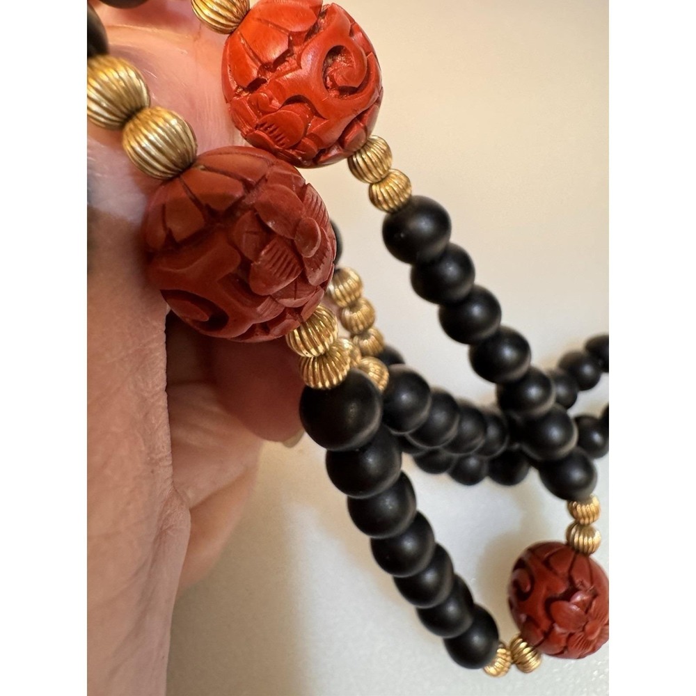 VTG Matte Onyx & Carved Red Cinnabar Necklace 27" Gold Filled Beads Bail/Clasp - Picture 4 of 10